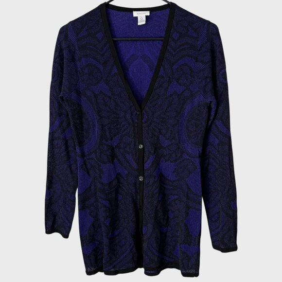 Chico's Floral Button-Front V-Neck Cardigan Metallic Purple Women's Size 0 - Picture 1 of 11